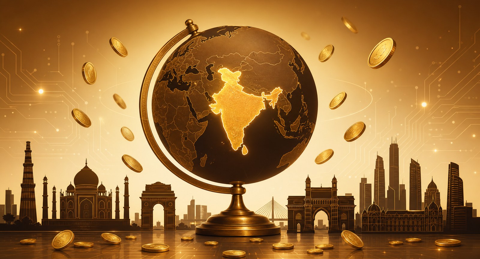 A gold globe highlighting India, surrounded by gold coins and Indian landmarks